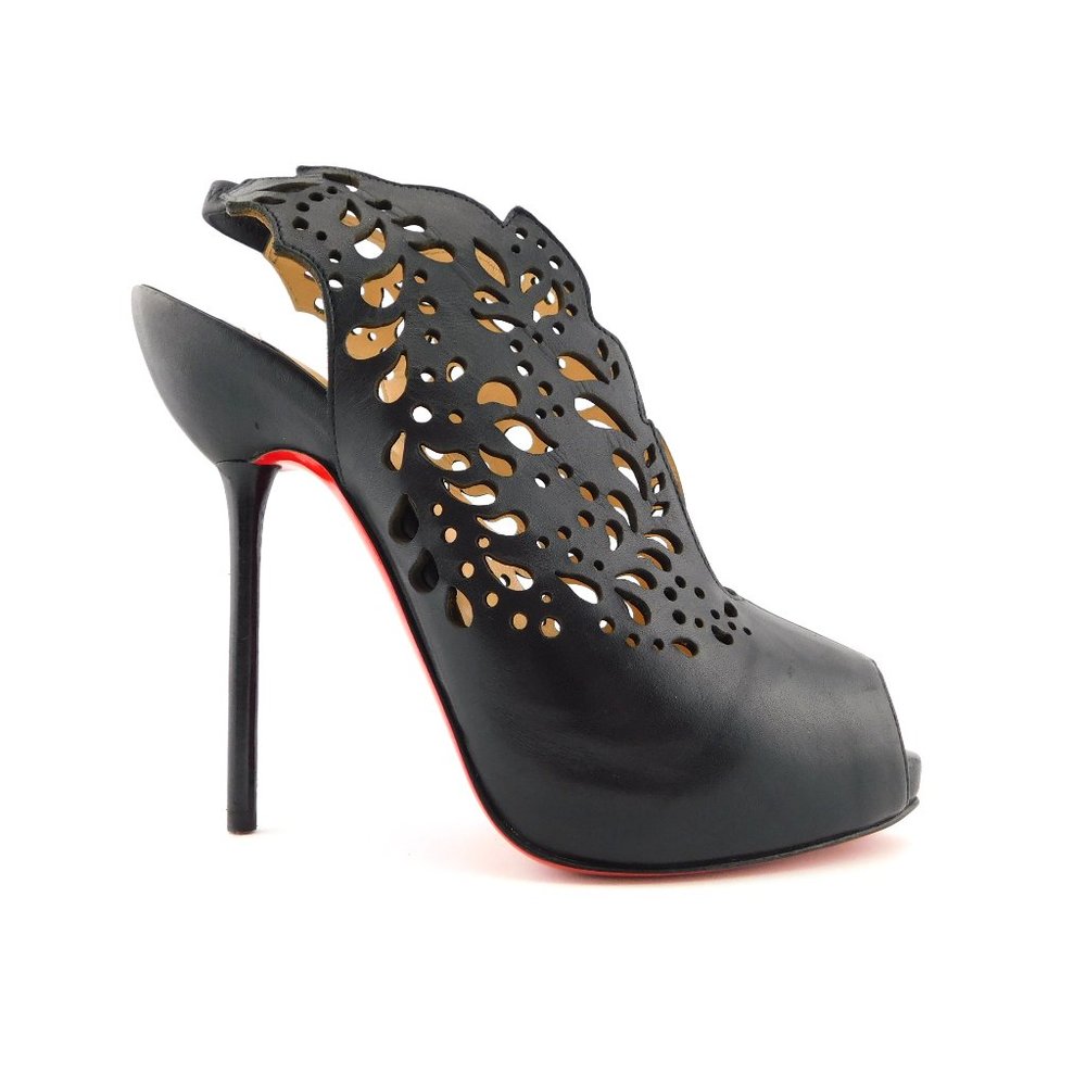 CHRISTIAN LOUBOUTIN  Black Laser Cut Slingback Open Toe Bootie Heel Pumps 36.5